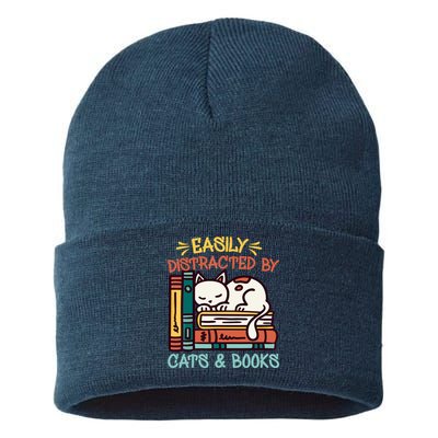 Easily Distracted By Cats And Books Cat & Book Lover Sustainable Knit Beanie