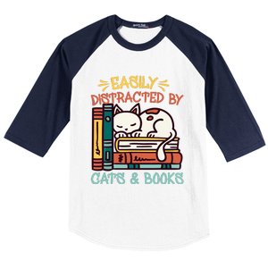 Easily Distracted By Cats And Books Cat & Book Lover Baseball Sleeve Shirt