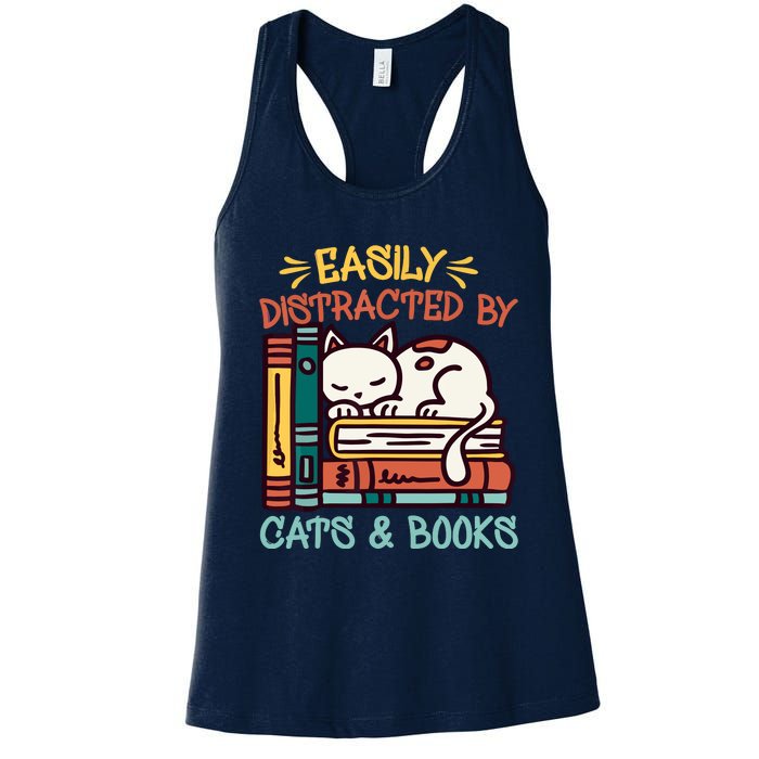 Easily Distracted By Cats And Books Cat & Book Lover Women's Racerback Tank