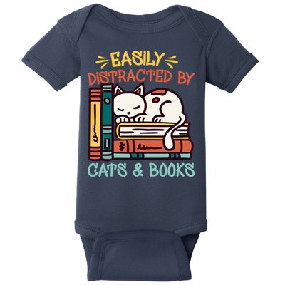 Easily Distracted By Cats And Books Cat & Book Lover Baby Bodysuit