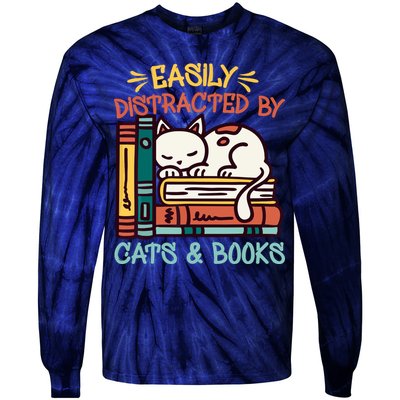 Easily Distracted By Cats And Books Cat & Book Lover Tie-Dye Long Sleeve Shirt