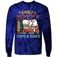 Easily Distracted By Cats And Books Cat & Book Lover Tie-Dye Long Sleeve Shirt