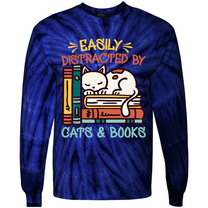 Easily Distracted By Cats And Books Cat & Book Lover Tie-Dye Long Sleeve Shirt