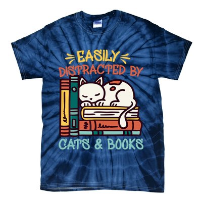 Easily Distracted By Cats And Books Cat & Book Lover Tie-Dye T-Shirt