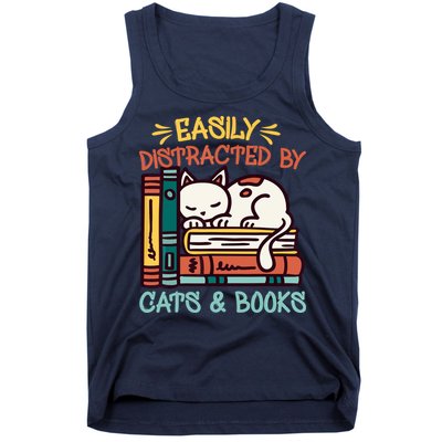 Easily Distracted By Cats And Books Cat & Book Lover Tank Top