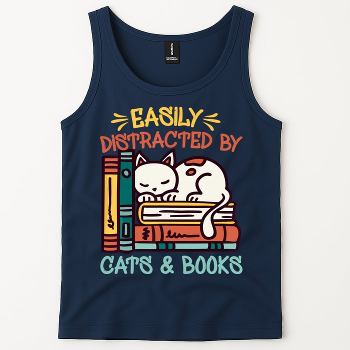 Easily Distracted By Cats And Books Cat & Book Lover Tank Top
