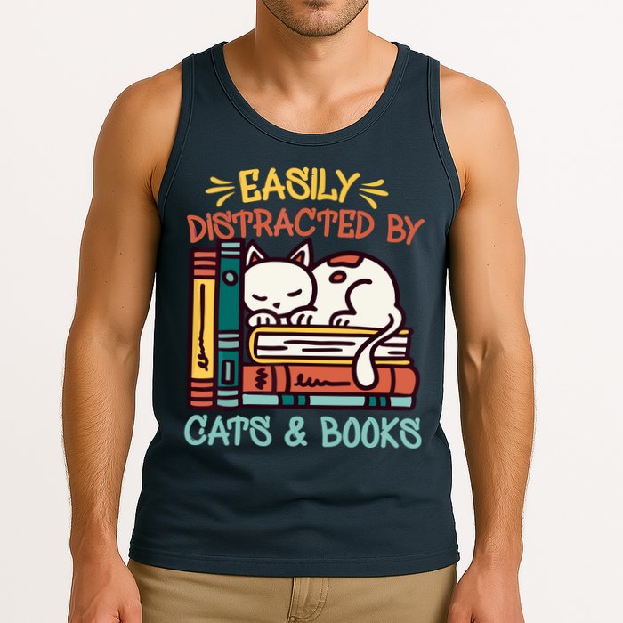 Easily Distracted By Cats And Books Cat & Book Lover Tank Top