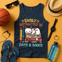 Easily Distracted By Cats And Books Cat & Book Lover Tank Top