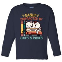 Easily Distracted By Cats And Books Cat & Book Lover Toddler Long Sleeve Shirt