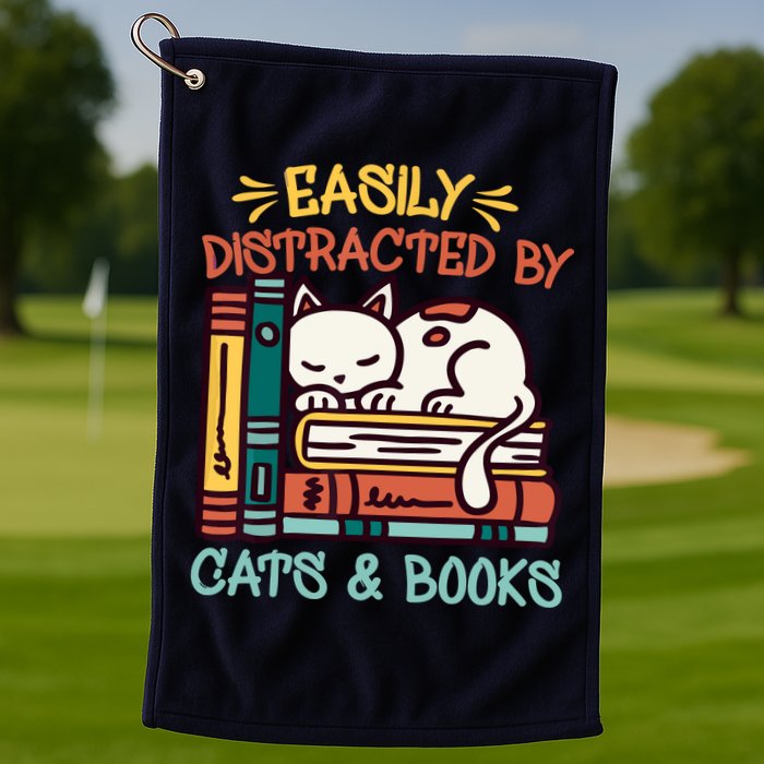 Easily Distracted By Cats And Books Cat & Book Lover Golf Towel