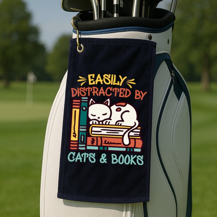 Easily Distracted By Cats And Books Cat & Book Lover Golf Towel