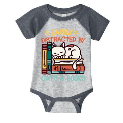 Easily Distracted By Cats And Books Cat & Book Lover Infant Baby Jersey Bodysuit