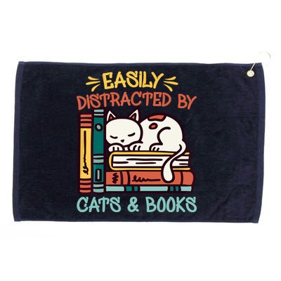 Easily Distracted By Cats And Books Cat & Book Lover Grommeted Golf Towel