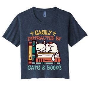 Easily Distracted By Cats And Books Cat & Book Lover Women's Crop Top Tee