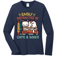 Easily Distracted By Cats And Books Cat & Book Lover Ladies Long Sleeve Shirt