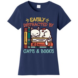 Easily Distracted By Cats And Books Cat & Book Lover Women's T-Shirt