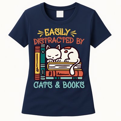 Easily Distracted By Cats And Books Cat & Book Lover Womens T-Shirt