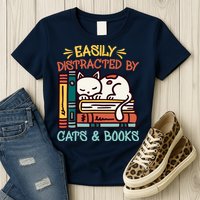 Easily Distracted By Cats And Books Cat & Book Lover Womens T-Shirt