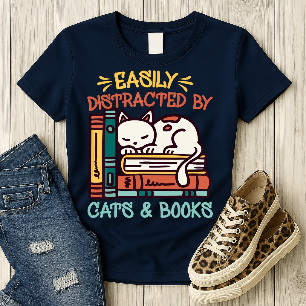 Easily Distracted By Cats And Books Cat & Book Lover Womens T-Shirt