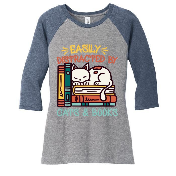 Easily Distracted By Cats And Books Cat & Book Lover Women's Tri-Blend 3/4-Sleeve Raglan Shirt