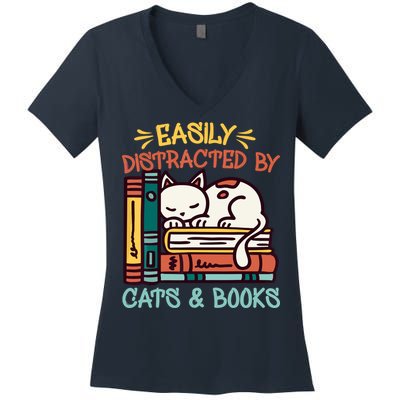 Easily Distracted By Cats And Books Cat & Book Lover Women's V-Neck T-Shirt