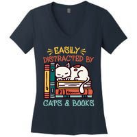 Easily Distracted By Cats And Books Cat & Book Lover Women's V-Neck T-Shirt