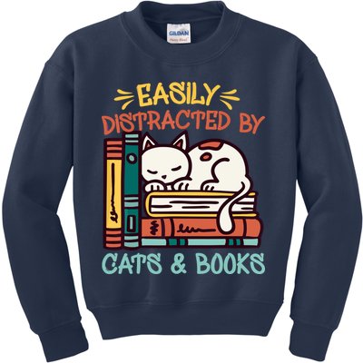 Easily Distracted By Cats And Books Cat & Book Lover Kids Sweatshirt