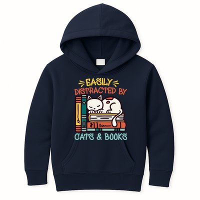 Easily Distracted By Cats And Books Cat & Book Lover Kids Hoodie
