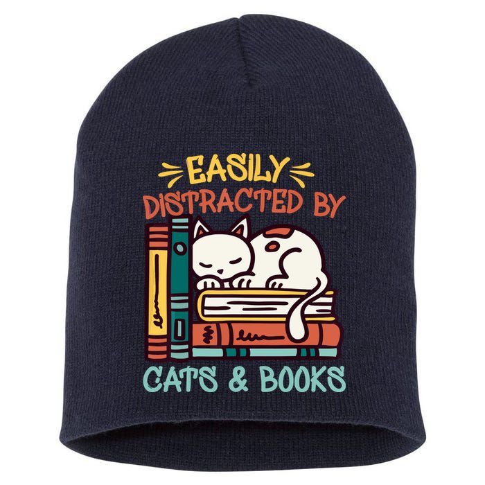 Easily Distracted By Cats And Books Cat & Book Lover Short Acrylic Beanie