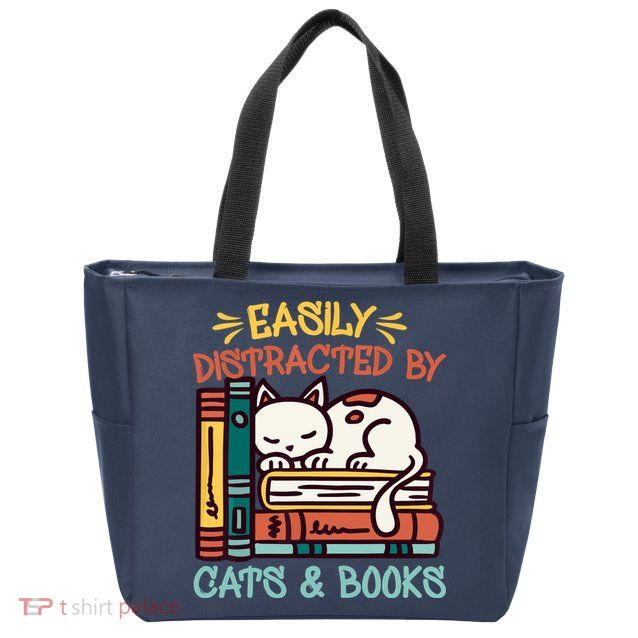 Easily Distracted By Cats And Books Cat & Book Lover Zip Tote Bag