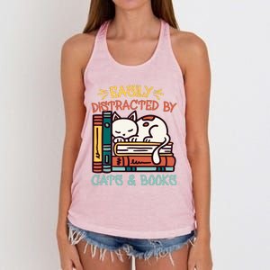 Easily Distracted By Cats And Books Cat & Book Lover Women's Knotted Racerback Tank