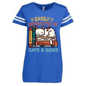 Easily Distracted By Cats And Books Cat & Book Lover Enza Ladies Jersey Football T-Shirt