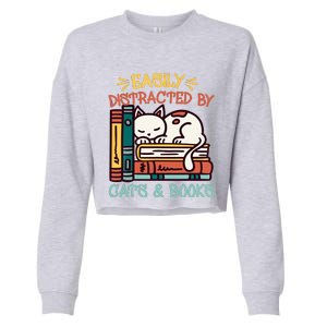 Easily Distracted By Cats And Books Cat & Book Lover Cropped Pullover Crew