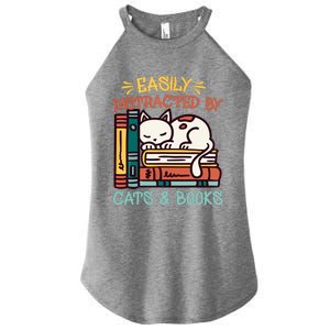 Easily Distracted By Cats And Books Cat & Book Lover Women's Perfect Tri Rocker Tank