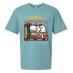 Easily Distracted By Cats And Books Cat & Book Lover Sueded Cloud Jersey T-Shirt