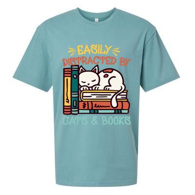 Easily Distracted By Cats And Books Cat & Book Lover Sueded Cloud Jersey T-Shirt