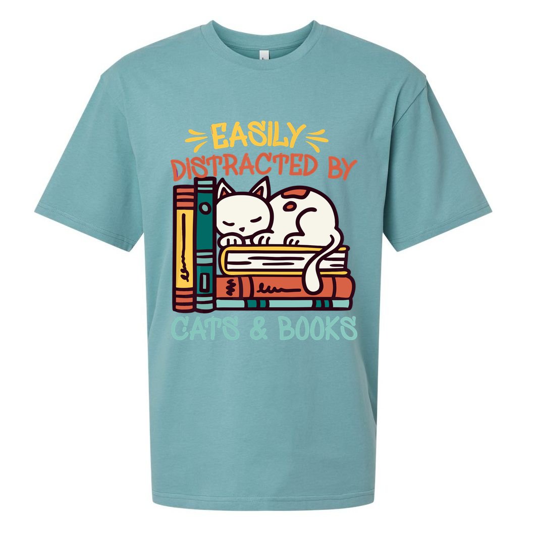 Easily Distracted By Cats And Books Cat & Book Lover Sueded Cloud Jersey T-Shirt