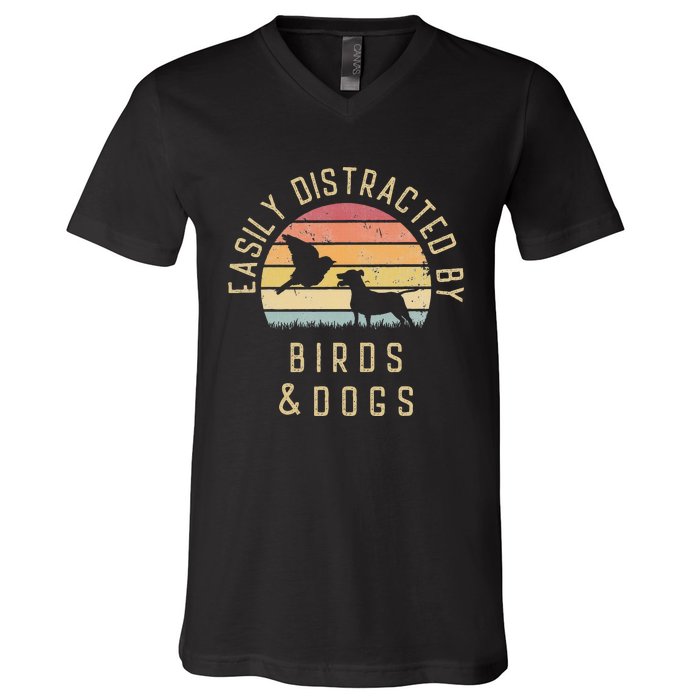 Easily Distracted By Birds And Dogs I Like Heart Bird Dog V-Neck T-Shirt