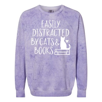 Easily Distracted By Cats And Books Funny Cat & Book Lover Colorblast Crewneck Sweatshirt