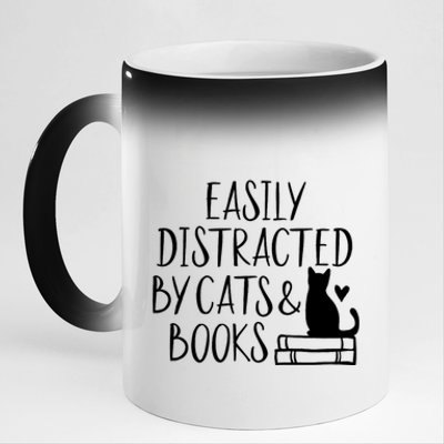 Easily Distracted By Cats And Books Funny Cat & Book Lover 11oz Black Color Changing Mug