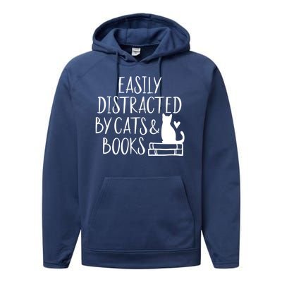 Easily Distracted By Cats And Books Funny Cat & Book Lover Performance Fleece Hoodie