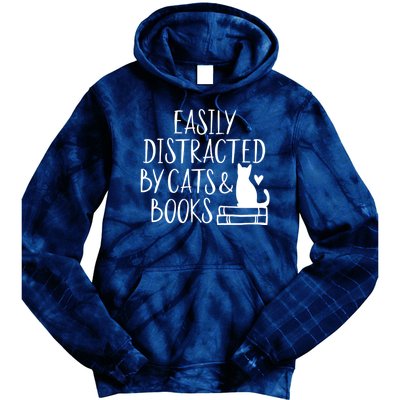 Easily Distracted By Cats And Books Funny Cat & Book Lover Tie Dye Hoodie