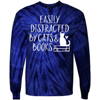 Easily Distracted By Cats And Books Funny Cat & Book Lover Tie-Dye Long Sleeve Shirt