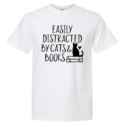 Easily Distracted By Cats And Books Funny Cat & Book Lover Garment-Dyed Heavyweight T-Shirt