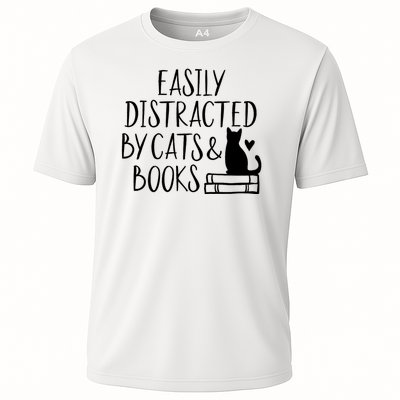 Easily Distracted By Cats And Books Funny Cat & Book Lover Cooling Performance Crew T-Shirt