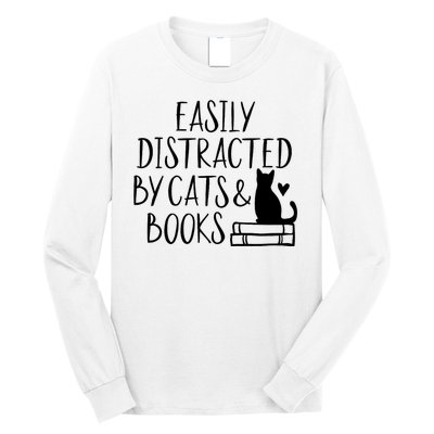 Easily Distracted By Cats And Books Funny Cat & Book Lover Long Sleeve Shirt