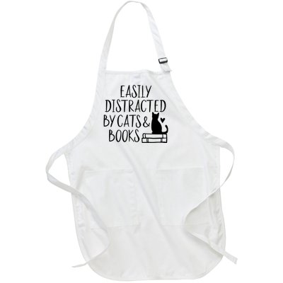 Easily Distracted By Cats And Books Funny Cat & Book Lover Full-Length Apron With Pockets