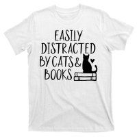 Easily Distracted By Cats And Books Funny Cat & Book Lover T-Shirt