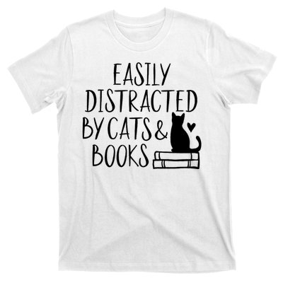 Easily Distracted By Cats And Books Funny Cat & Book Lover T-Shirt