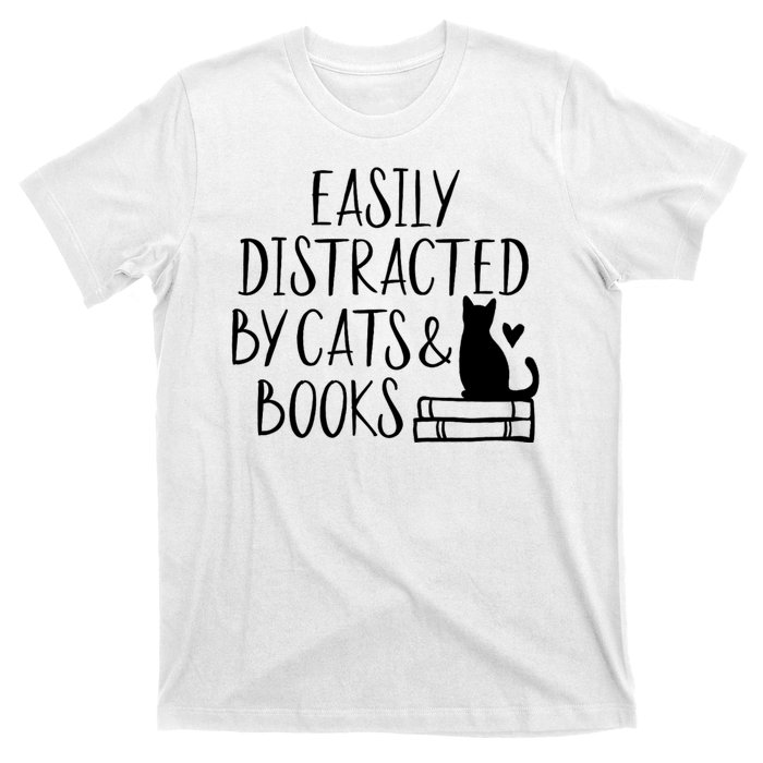 Easily Distracted By Cats And Books Funny Cat & Book Lover T-Shirt